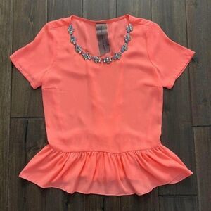 Moon Collection Flourescent Peach Bejeweled Blouse with Peplum Waist S
